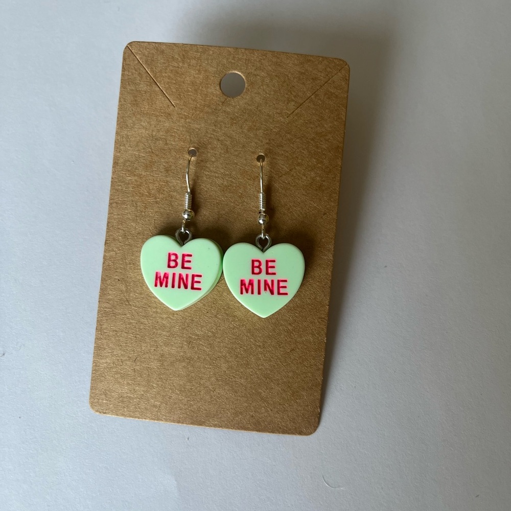 2/$15- Valentine’s Day Green Be Mine Heart Earrings Handmade